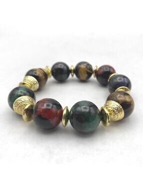 Vintage Gold Tone and Marbled Plastic Beaded Bracelet, 7" Stretch Bracelet.